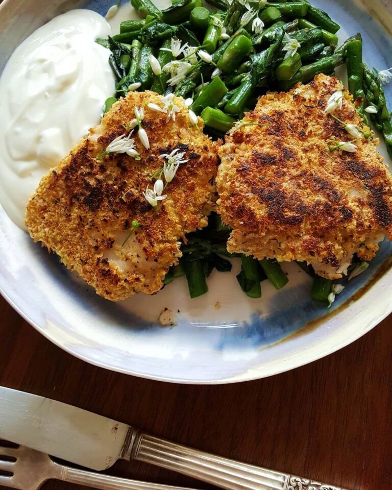 Breaded Halibut with Spring Greens and Yoghurt All That She Eats
